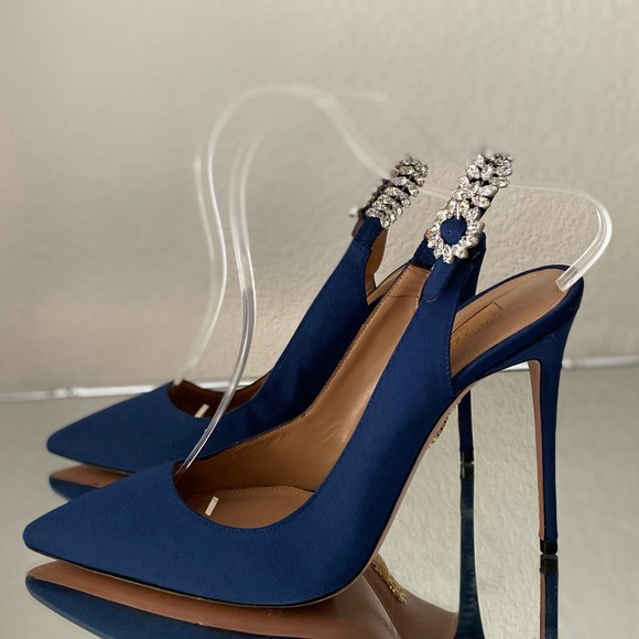 New ๐ Aquazzura Blue Portrait Of A Lady Embellished Slingback Pumps 40 - Picture 2 of 15